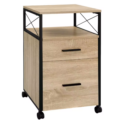 Mobiele Archiefkast met 2 Laden – Houten Rolcontainer met Wielen en Printerplank