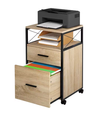 Mobiele Archiefkast met 2 Laden – Houten Rolcontainer met Wielen en Printerplank