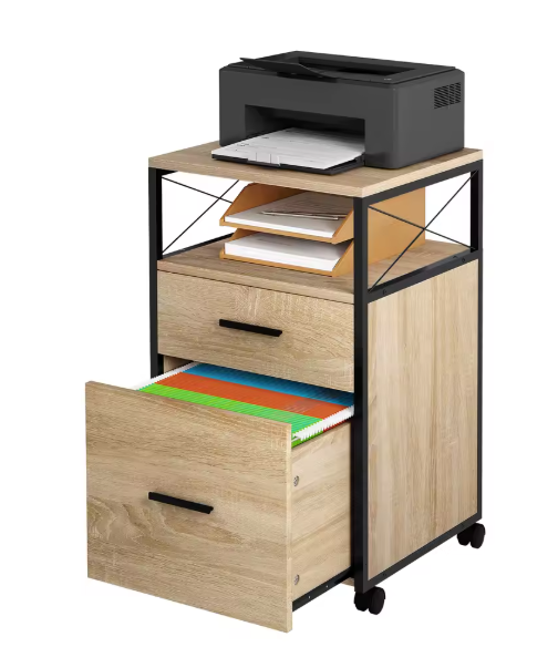 Mobiele Archiefkast met 2 Laden – Houten Rolcontainer met Wielen en Printerplank