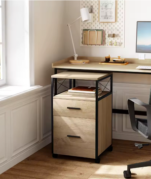 Mobiele Archiefkast met 2 Laden – Houten Rolcontainer met Wielen en Printerplank