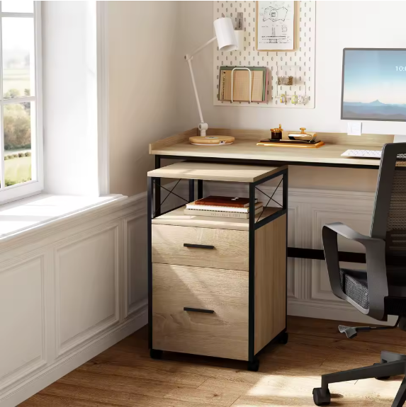 Mobiele Archiefkast met 2 Laden – Houten Rolcontainer met Wielen en Printerplank