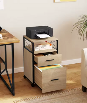 Mobiele Archiefkast met 2 Laden – Houten Rolcontainer met Wielen en Printerplank