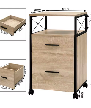 Mobiele Archiefkast met 2 Laden – Houten Rolcontainer met Wielen en Printerplank