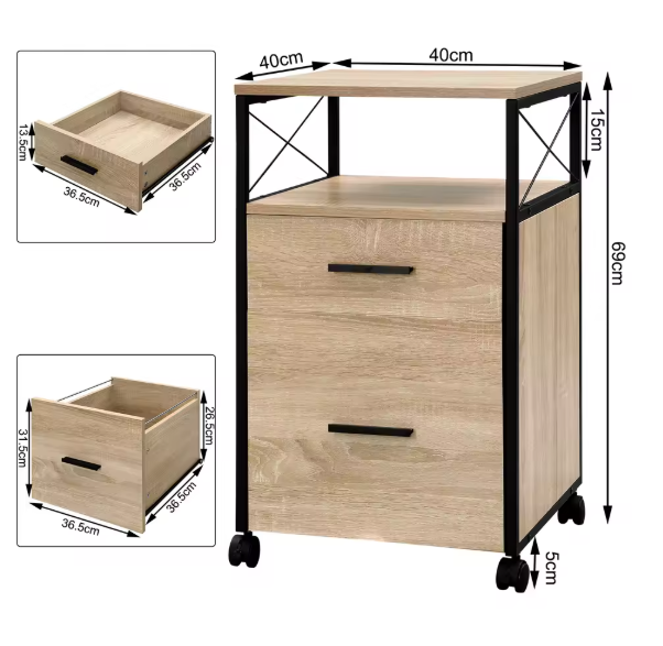 Mobiele Archiefkast met 2 Laden – Houten Rolcontainer met Wielen en Printerplank