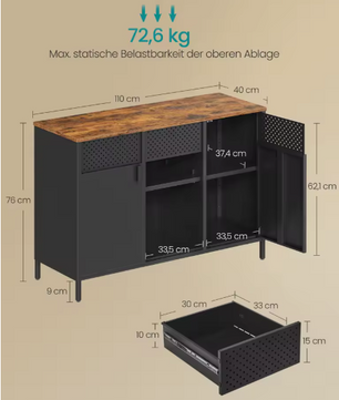 Industriële Opbergkast met Lade en Dubbele Deuren – Hout en Staal, 76 cm Hoog