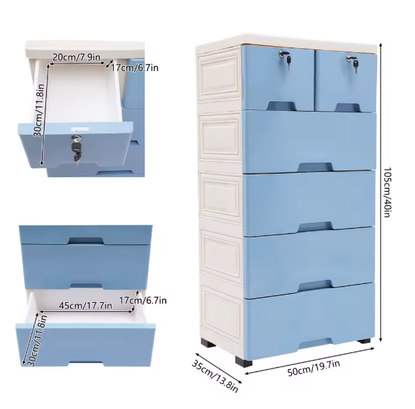 Moderne Ladekast met 6 Laden en Wielen – Kunststof Opbergkast voor Slaapkamer, Badkamer of Kantoor
