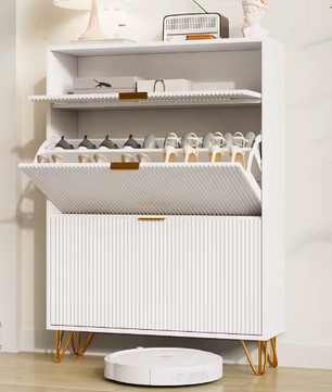 Smal Schoenenkast met 2 Kleppen en Open Opbergvak – Houten Design en Metalen Poten, Wit