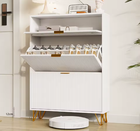 Smal Schoenenkast met 2 Kleppen en Open Opbergvak – Houten Design en Metalen Poten, Wit