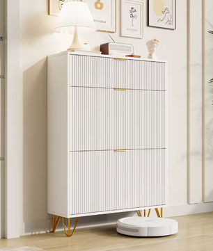 Smal Schoenenkast met 2 Kleppen en Open Opbergvak – Houten Design en Metalen Poten, Wit