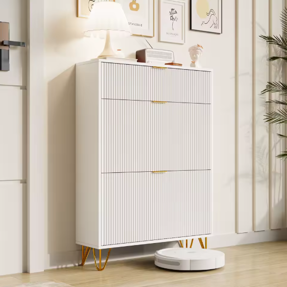 Smal Schoenenkast met 2 Kleppen en Open Opbergvak – Houten Design en Metalen Poten, Wit