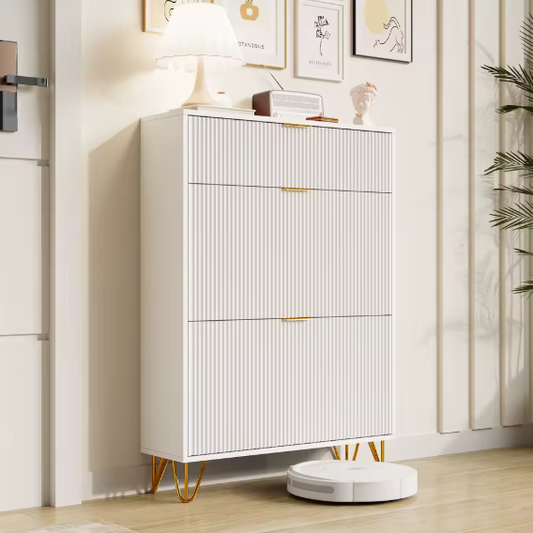 Smal Schoenenkast met 2 Kleppen en Open Opbergvak – Houten Design en Metalen Poten, Wit