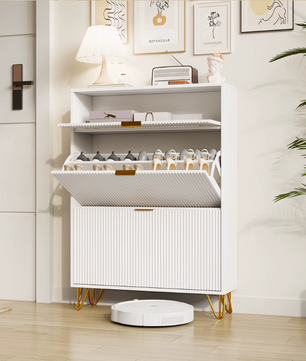 Smal Schoenenkast met 2 Kleppen en Open Opbergvak – Houten Design en Metalen Poten, Wit