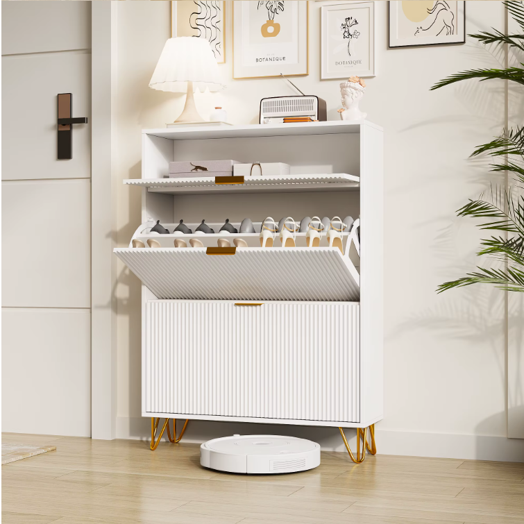 Smal Schoenenkast met 2 Kleppen en Open Opbergvak – Houten Design en Metalen Poten, Wit