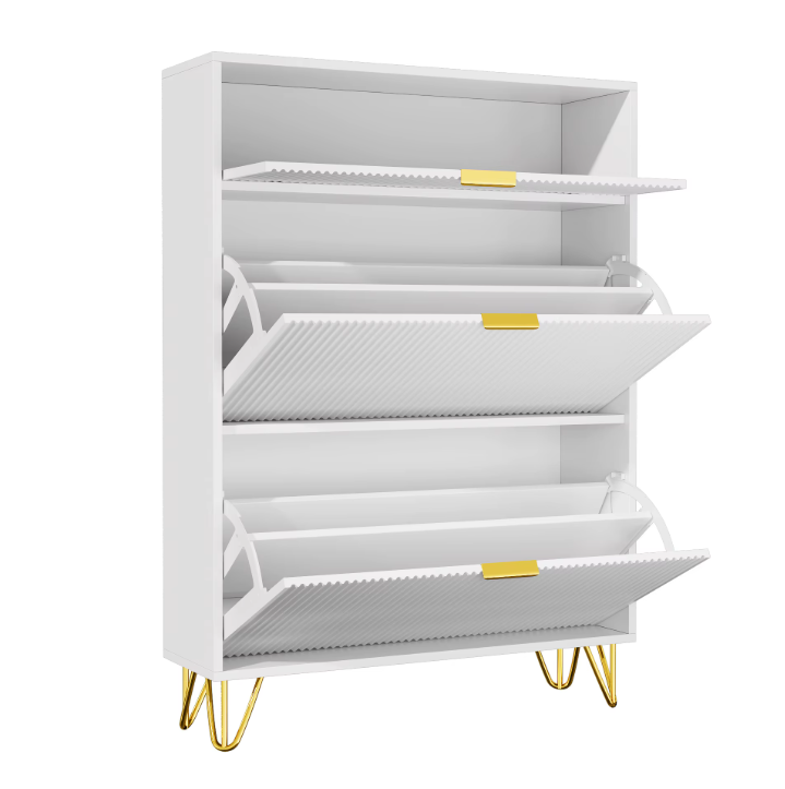 Smal Schoenenkast met 2 Kleppen en Open Opbergvak – Houten Design en Metalen Poten, Wit