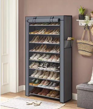 Schoenenrek met 10 Niveaus – Ruimte voor ca. 40 Paar – Met Afsluitbare Stoffen Omslag