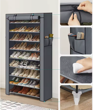 Schoenenrek met 10 Niveaus – Ruimte voor ca. 40 Paar – Met Afsluitbare Stoffen Omslag