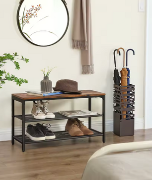 Schoenenbank met Zitgedeelte – 2-laags Schoenenrek van Metaal en Hout, Voor Hal en Entree, 80×30×44,5 cm