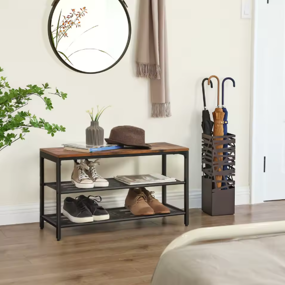 Schoenenbank met Zitgedeelte – 2-laags Schoenenrek van Metaal en Hout, Voor Hal en Entree, 80×30×44,5 cm