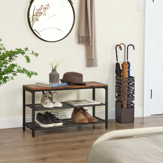 Schoenenbank met Zitgedeelte – 2-laags Schoenenrek van Metaal en Hout, Voor Hal en Entree, 80×30×44,5 cm
