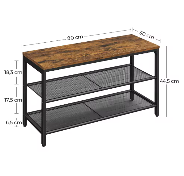 Schoenenbank met Zitgedeelte – 2-laags Schoenenrek van Metaal en Hout, Voor Hal en Entree, 80×30×44,5 cm