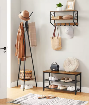 Schoenenbank met Zitgedeelte – 2-laags Schoenenrek van Metaal en Hout, Voor Hal en Entree, 80×30×44,5 cm