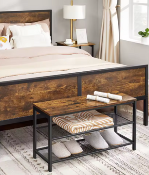 Schoenenbank met Zitgedeelte – 2-laags Schoenenrek van Metaal en Hout, Voor Hal en Entree, 80×30×44,5 cm