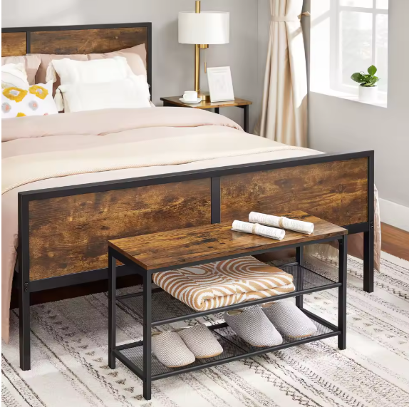 Schoenenbank met Zitgedeelte – 2-laags Schoenenrek van Metaal en Hout, Voor Hal en Entree, 80×30×44,5 cm