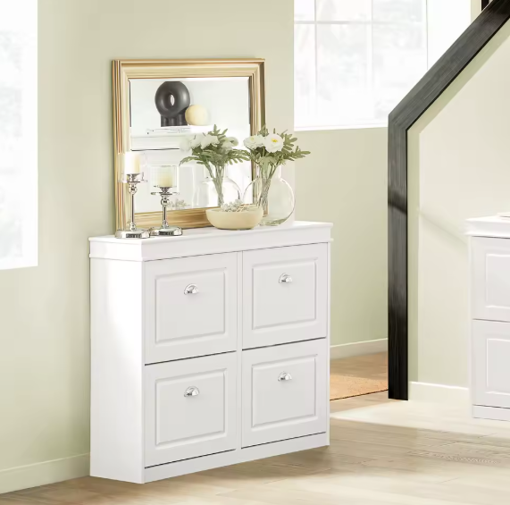 Schoenenkast met 4 Klapdeuren – Smalle Schoenenopberger met 8 Opbergvakken, Voor Hal en Entree, 105×83×24 cm