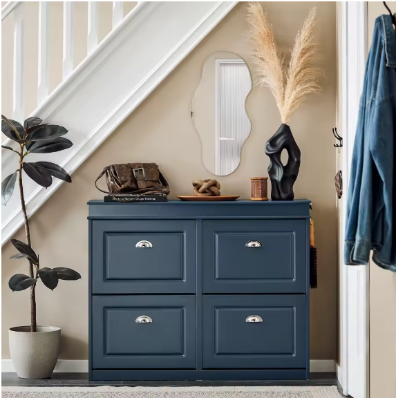 Schoenenkast met 4 Klapdeuren – Smalle Schoenenopberger met 8 Opbergvakken, Voor Hal en Entree, 105×83×24 cm