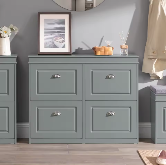 Schoenenkast met 4 Klapdeuren – Smalle Schoenenopberger met 8 Opbergvakken, Voor Hal en Entree, 105×83×24 cm