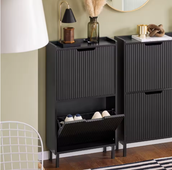 Schoenenkast met 2 Klapdeuren – Smal Schoenenrek met Opbergplateau, 50×90×19 cm