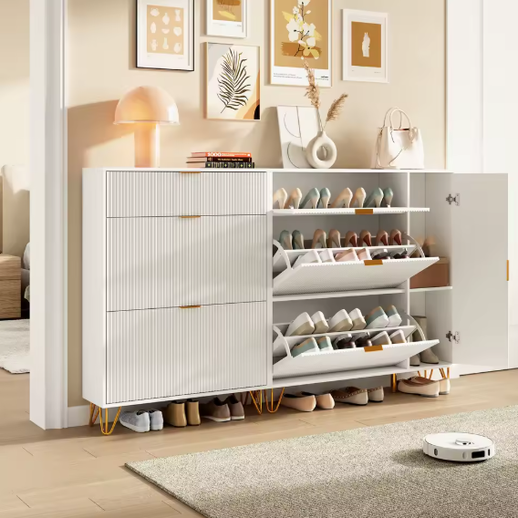 Schoenenkast met 3 Opvouwbare Lades en 2 Opbergvakken – Vrijstaand Schoenenmeubel met Bovenblad en Onderplank