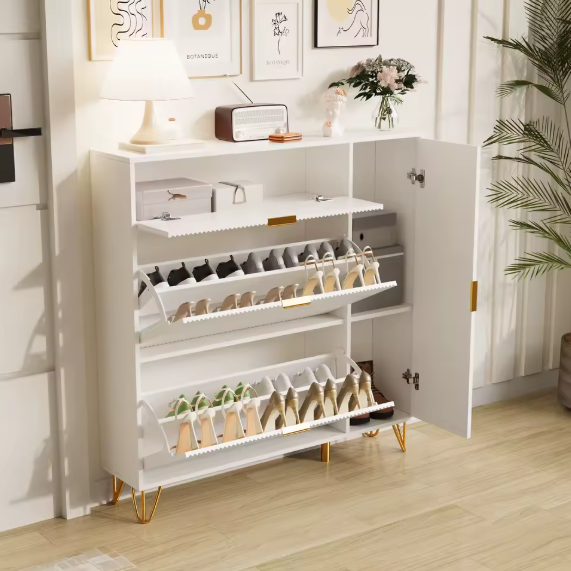 Schoenenkast met 3 Opvouwbare Lades en 2 Opbergvakken – Vrijstaand Schoenenmeubel met Bovenblad en Onderplank