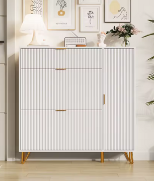 Schoenenkast met 3 Opvouwbare Lades en 2 Opbergvakken – Vrijstaand Schoenenmeubel met Bovenblad en Onderplank