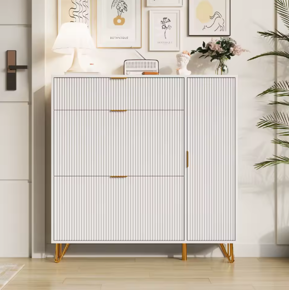 Schoenenkast met 3 Opvouwbare Lades en 2 Opbergvakken – Vrijstaand Schoenenmeubel met Bovenblad en Onderplank