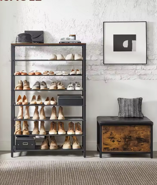 Hoog Schoenenrek met 7 Planken – Metalen Frame en Bovenblad, Ruimtebesparend Schoenenmeubel 100×30×152 cm