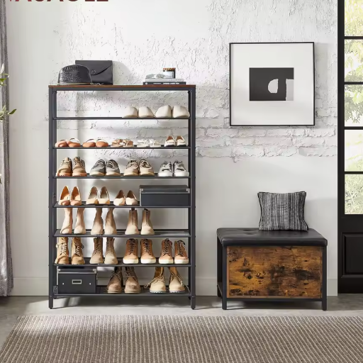 Hoog Schoenenrek met 7 Planken – Metalen Frame en Bovenblad, Ruimtebesparend Schoenenmeubel 100×30×152 cm