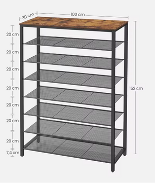 Hoog Schoenenrek met 7 Planken – Metalen Frame en Bovenblad, Ruimtebesparend Schoenenmeubel 100×30×152 cm