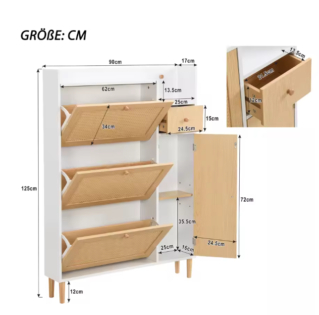 Houten Rotan Schoenenkast – Smal Model met 3 Kieplades en Lade