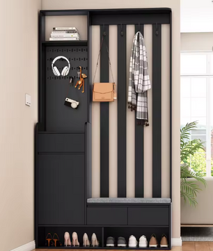 Halkapstok met Zitbank en Opbergruimte – Multifunctionele Kapstokkast Zwart