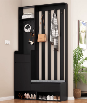 Halkapstok met Zitbank en Opbergruimte – Multifunctionele Kapstokkast Zwart