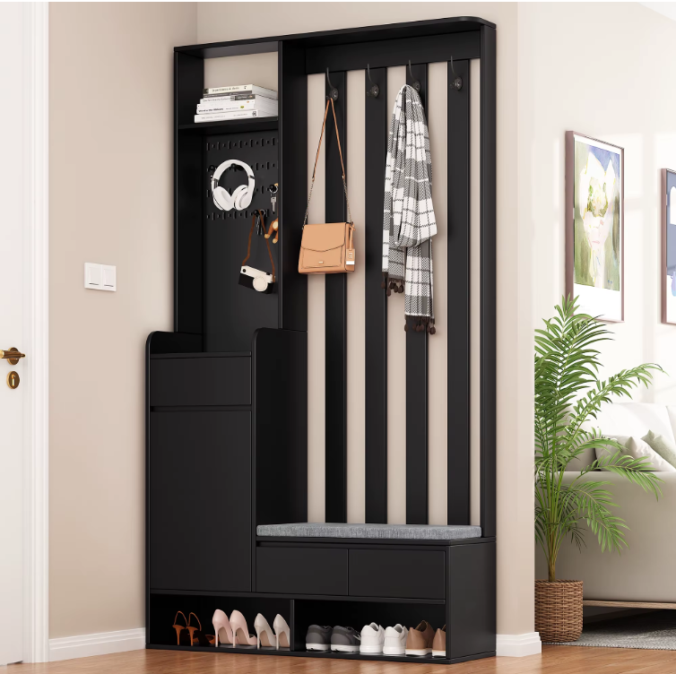 Halkapstok met Zitbank en Opbergruimte – Multifunctionele Kapstokkast Zwart