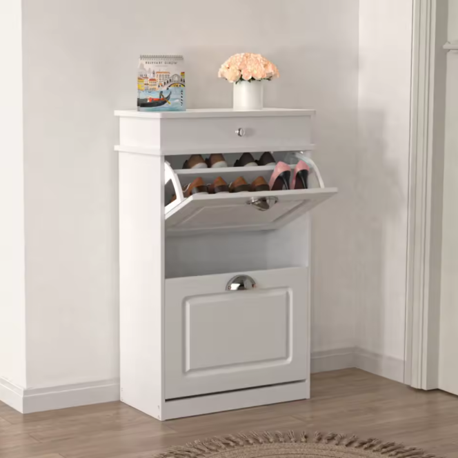 Schoenenkast met 2 Kleppen – Compact Wit Schoenenrek voor Hal en Entree