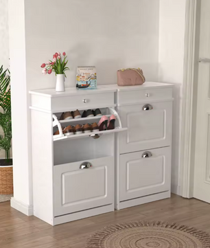 Schoenenkast met 2 Kleppen – Compact Wit Schoenenrek voor Hal en Entree