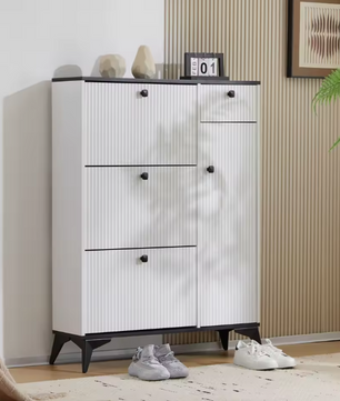 3-Laags Schoenenkast met 3 Kleppen, Lade en Deur – Houten Schoenenrek Wit/Zwart