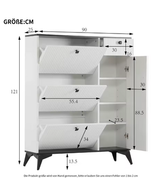 3-Laags Schoenenkast met 3 Kleppen, Lade en Deur – Houten Schoenenrek Wit/Zwart