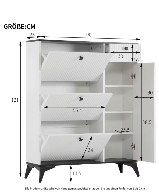 3-Laags Schoenenkast met 3 Kleppen, Lade en Deur – Houten Schoenenrek Wit/Zwart