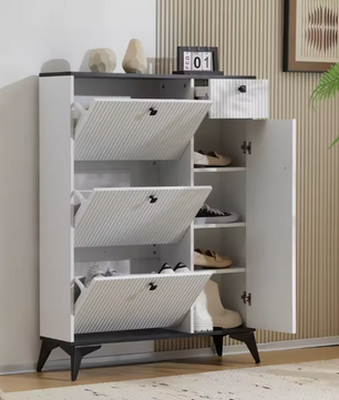 3-Laags Schoenenkast met 3 Kleppen, Lade en Deur – Houten Schoenenrek Wit/Zwart