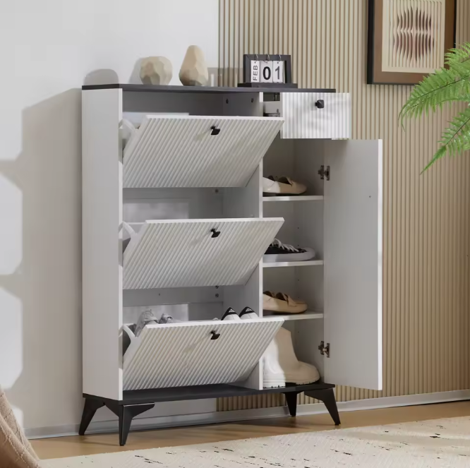 3-Laags Schoenenkast met 3 Kleppen, Lade en Deur – Houten Schoenenrek Wit/Zwart