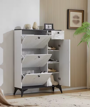 3-Laags Schoenenkast met 3 Kleppen, Lade en Deur – Houten Schoenenrek Wit/Zwart